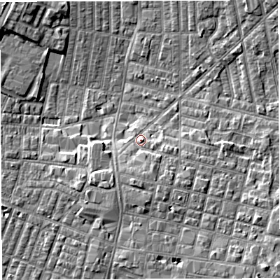 Shaded relief map of the ground around WN71ES, computed from Environment Agency LiDAR. The ground here sits at about 26 m above sea level and falls 8 m across the surrounding 800 m. Surface water reaching this point runs off ground lying to the south, 3.3 m higher.