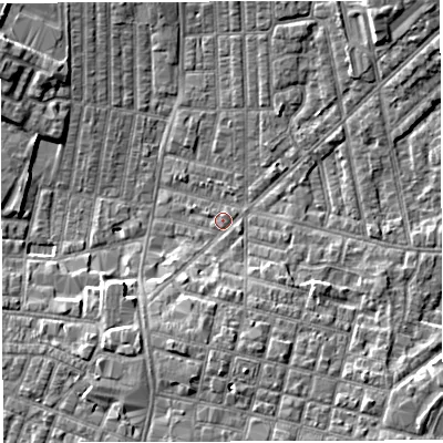Shaded relief map of the ground around WN71ET, computed from Environment Agency LiDAR. The ground here sits at about 24 m above sea level and falls 7 m across the surrounding 800 m. Surface water reaching this point runs off ground lying to the south-south-west, 4.2 m higher.