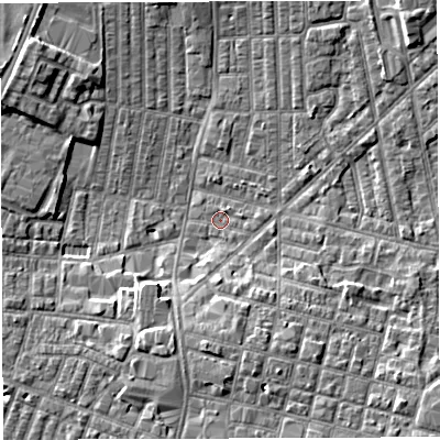 Shaded relief map of the ground around WN71EU, computed from Environment Agency LiDAR. The ground here sits at about 24 m above sea level and falls 6 m across the surrounding 800 m. Surface water reaching this point runs off ground lying to the south-east, 5.3 m higher.
