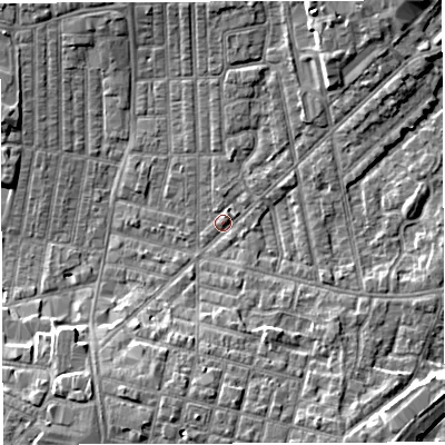 Shaded relief map of the ground around WN71EY, computed from Environment Agency LiDAR. The ground here sits at about 25 m above sea level and falls 7 m across the surrounding 800 m. Surface water reaching this point runs off ground lying to the north-north-east, 4.5 m higher.