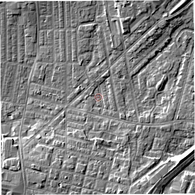 Shaded relief map of the ground around WN71EZ, computed from Environment Agency LiDAR. The ground here sits at about 24 m above sea level and falls 8 m across the surrounding 800 m. Surface water reaching this point runs off ground lying to the south-south-east, 4.8 m higher.