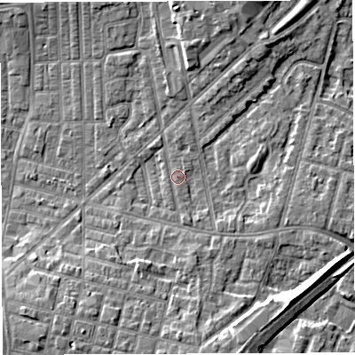 Shaded relief map of the ground around WN71HD, computed from Environment Agency LiDAR. The ground here sits at about 25 m above sea level and falls 10 m across the surrounding 800 m. Surface water reaching this point runs off ground lying to the east-south-east, 2.4 m higher.