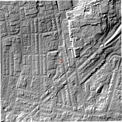 Shaded relief map of the ground around WN71HF, computed from Environment Agency LiDAR. The ground here sits at about 25 m above sea level and falls 7 m across the surrounding 800 m. Surface water reaching this point runs off ground lying to the north-north-west, 4.9 m higher.