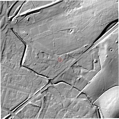 Shaded relief map of the ground around WN71HJ, computed from Environment Agency LiDAR. The ground here sits at about 23 m above sea level and falls 20 m across the surrounding 800 m. Surface water reaching this point runs off ground lying to the north-east, 14.2 m higher.
