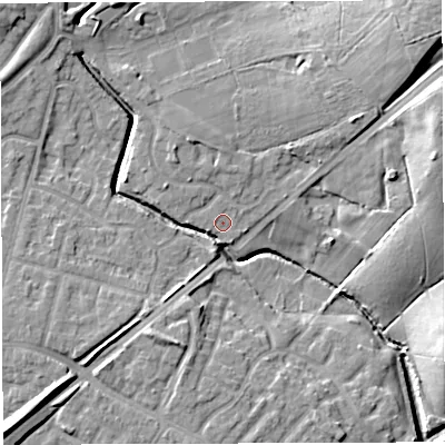 Shaded relief map of the ground around WN71HL, computed from Environment Agency LiDAR. The ground here sits at about 21 m above sea level and falls 19 m across the surrounding 800 m. Surface water reaching this point runs off ground lying to the north-north-west, 3.2 m higher.