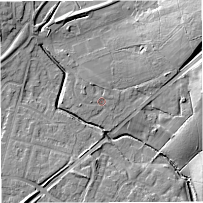 Shaded relief map of the ground around WN71HN, computed from Environment Agency LiDAR. The ground here sits at about 22 m above sea level and falls 18 m across the surrounding 800 m. Surface water reaching this point runs off ground lying to the north-north-west, 2.6 m higher.