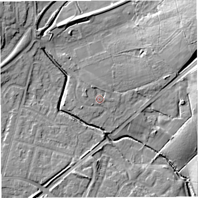 Shaded relief map of the ground around WN71HW, computed from Environment Agency LiDAR. The ground here sits at about 23 m above sea level and falls 18 m across the surrounding 800 m. Surface water reaching this point runs off ground lying to the north-north-west, 1.9 m higher.