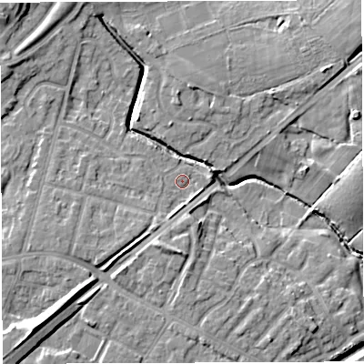 Shaded relief map of the ground around WN71HZ, computed from Environment Agency LiDAR. The ground here sits at about 23 m above sea level and falls 17 m across the surrounding 800 m. Surface water reaching this point runs off ground lying to the south-south-west, 6.0 m higher.