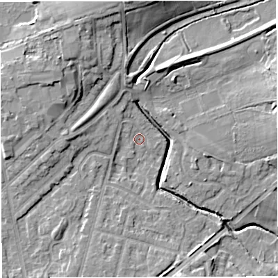 Shaded relief map of the ground around WN71JA, computed from Environment Agency LiDAR. The ground here sits at about 22 m above sea level and falls 14 m across the surrounding 800 m. Surface water reaching this point runs off ground lying to the north, 8.8 m higher.