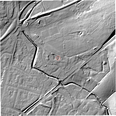 Shaded relief map of the ground around WN71JB, computed from Environment Agency LiDAR. The ground here sits at about 23 m above sea level and falls 18 m across the surrounding 800 m. Surface water reaching this point runs off ground lying to the north-west, 1.9 m higher.