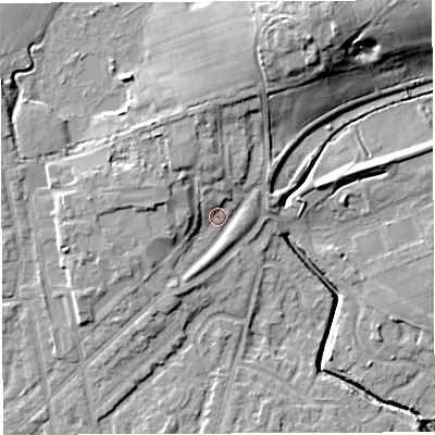 Shaded relief map of the ground around WN71JF, computed from Environment Agency LiDAR. The ground here sits at about 25 m above sea level and falls 19 m across the surrounding 800 m. Surface water reaching this point runs off ground lying to the north-west, 6.0 m higher.