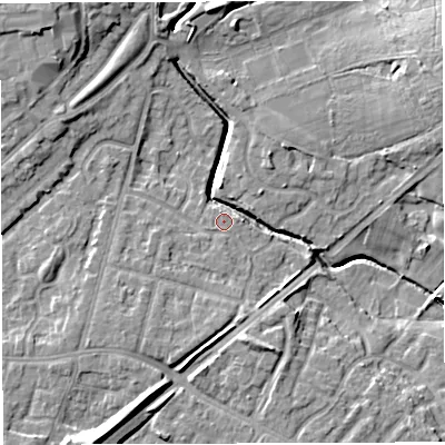 Shaded relief map of the ground around WN71JG, computed from Environment Agency LiDAR. The ground here sits at about 23 m above sea level and falls 15 m across the surrounding 800 m. Surface water reaching this point runs off ground lying to the south-west, 2.3 m higher.