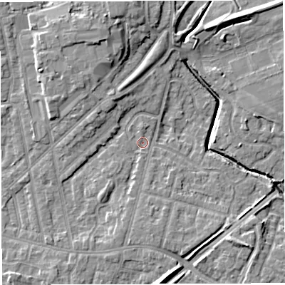 Shaded relief map of the ground around WN71JP, computed from Environment Agency LiDAR. The ground here sits at about 24 m above sea level and falls 12 m across the surrounding 800 m. Surface water reaching this point runs off ground lying to the south-south-west, 2.1 m higher.