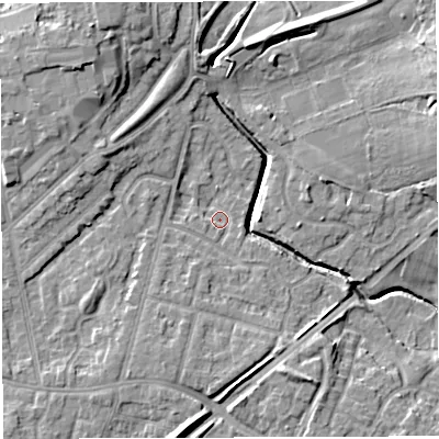 Shaded relief map of the ground around WN71JQ, computed from Environment Agency LiDAR. The ground here sits at about 22 m above sea level and falls 13 m across the surrounding 800 m. Surface water reaching this point runs off ground lying to the south-south-west, 4.7 m higher.