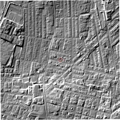 Shaded relief map of the ground around WN71NA, computed from Environment Agency LiDAR. The ground here sits at about 24 m above sea level and falls 6 m across the surrounding 800 m. Surface water reaching this point runs off ground lying to the south-east, 5.2 m higher.