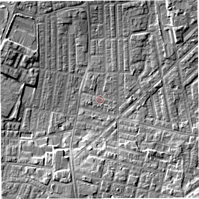 Shaded relief map of the ground around WN71ND, computed from Environment Agency LiDAR. The ground here sits at about 24 m above sea level and falls 6 m across the surrounding 800 m. Surface water reaching this point runs off ground lying to the south, 5.2 m higher.