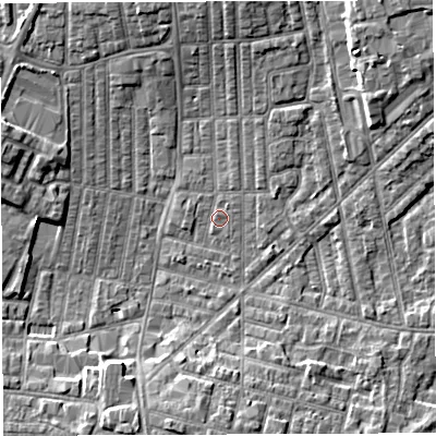 Shaded relief map of the ground around WN71NE, computed from Environment Agency LiDAR. The ground here sits at about 24 m above sea level and falls 6 m across the surrounding 800 m. Surface water reaching this point runs off ground lying to the north-east, 0.7 m higher.