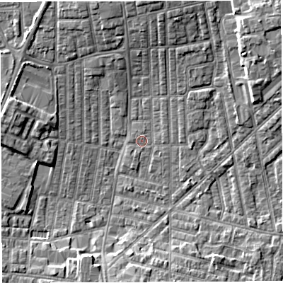 Shaded relief map of the ground around WN71NF, computed from Environment Agency LiDAR. The ground here sits at about 24 m above sea level and falls 7 m across the surrounding 800 m. Surface water reaching this point runs off ground lying to the north-east, 6.3 m higher.
