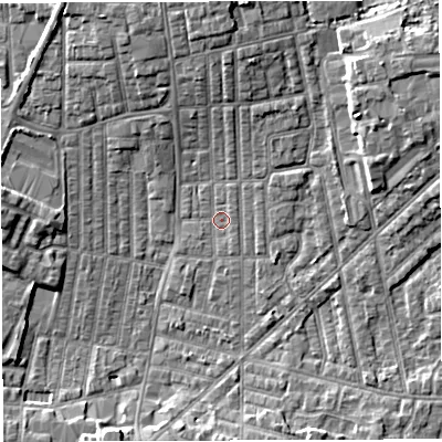 Shaded relief map of the ground around WN71NG, computed from Environment Agency LiDAR. The ground here sits at about 25 m above sea level and falls 7 m across the surrounding 800 m. Surface water reaching this point runs off ground lying to the north, 4.4 m higher.