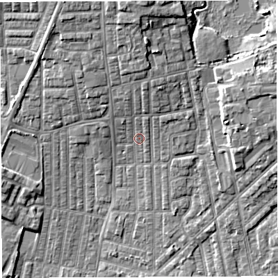 Shaded relief map of the ground around WN71NJ, computed from Environment Agency LiDAR. The ground here sits at about 26 m above sea level and falls 8 m across the surrounding 800 m. Surface water reaching this point runs off ground lying to the north, 3.3 m higher.
