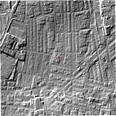 Shaded relief map of the ground around WN71PB, computed from Environment Agency LiDAR. The ground here sits at about 24 m above sea level and falls 6 m across the surrounding 800 m. Surface water reaching this point runs off ground lying to the north-east, 6.3 m higher.
