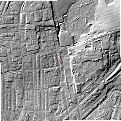 Shaded relief map of the ground around WN71PP, computed from Environment Agency LiDAR. The ground here sits at about 27 m above sea level and falls 8 m across the surrounding 800 m. Surface water reaching this point runs off ground lying to the north-west, 4.0 m higher.
