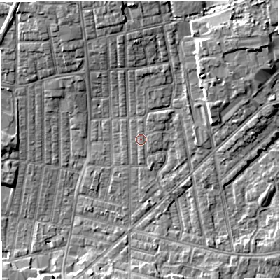 Shaded relief map of the ground around WN71PY, computed from Environment Agency LiDAR. The ground here sits at about 25 m above sea level and falls 7 m across the surrounding 800 m. Surface water reaching this point runs off ground lying to the north-east, 1.2 m higher.
