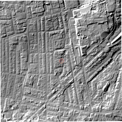 Shaded relief map of the ground around WN71PZ, computed from Environment Agency LiDAR. The ground here sits at about 25 m above sea level and falls 7 m across the surrounding 800 m. Surface water reaching this point runs off ground lying to the north-north-west, 5.0 m higher.