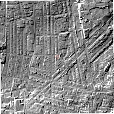 Shaded relief map of the ground around WN71QA, computed from Environment Agency LiDAR. The ground here sits at about 25 m above sea level and falls 7 m across the surrounding 800 m. Surface water reaching this point runs off ground lying to the north-north-east, 1.7 m higher.