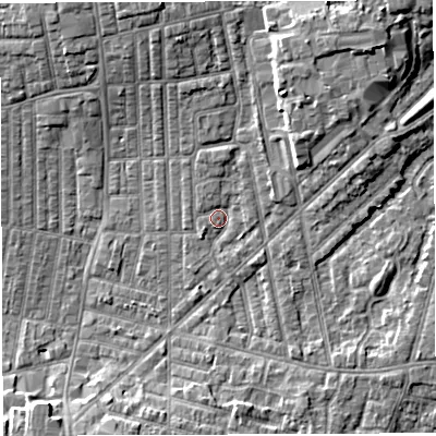 Shaded relief map of the ground around WN71QB, computed from Environment Agency LiDAR. The ground here sits at about 25 m above sea level and falls 7 m across the surrounding 800 m. Surface water reaching this point runs off ground lying to the north-north-east, 4.8 m higher.