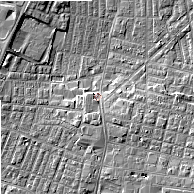 Shaded relief map of the ground around WN71QP, computed from Environment Agency LiDAR. The ground here sits at about 26 m above sea level and falls 7 m across the surrounding 800 m. Surface water reaching this point runs off ground lying to the south-east, 3.5 m higher.