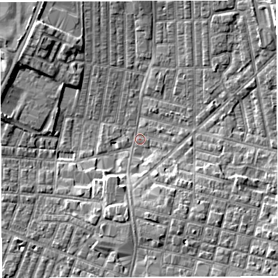 Shaded relief map of the ground around WN71QR, computed from Environment Agency LiDAR. The ground here sits at about 24 m above sea level and falls 6 m across the surrounding 800 m. Surface water reaching this point runs off ground lying to the south-east, 5.8 m higher.