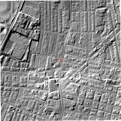 Shaded relief map of the ground around WN71QX, computed from Environment Agency LiDAR. The ground here sits at about 24 m above sea level and falls 6 m across the surrounding 800 m. Surface water reaching this point runs off ground lying to the south-south-east, 5.6 m higher.