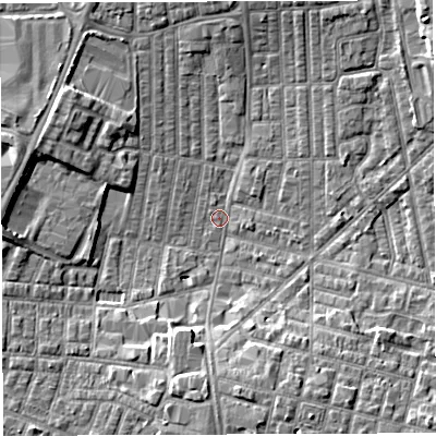Shaded relief map of the ground around WN71QZ, computed from Environment Agency LiDAR. The ground here sits at about 24 m above sea level and falls 6 m across the surrounding 800 m. Surface water reaching this point runs off ground lying to the south-south-west, 4.9 m higher.