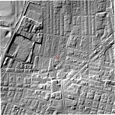 Shaded relief map of the ground around WN71RB, computed from Environment Agency LiDAR. The ground here sits at about 24 m above sea level and falls 6 m across the surrounding 800 m. Surface water reaching this point runs off ground lying to the south, 5.8 m higher.