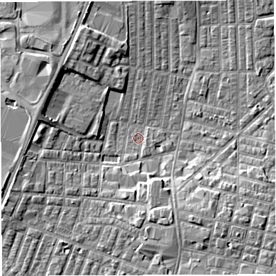 Shaded relief map of the ground around WN71RE, computed from Environment Agency LiDAR. The ground here sits at about 24 m above sea level and falls 6 m across the surrounding 800 m. Surface water reaching this point runs off ground lying to the south, 4.9 m higher.
