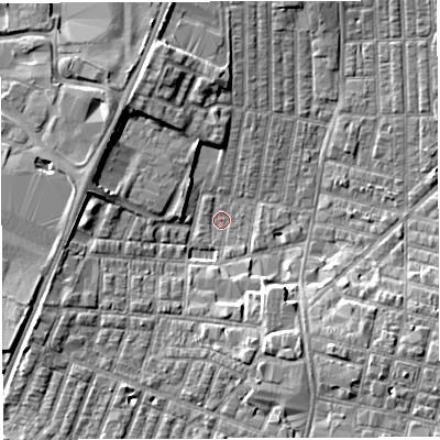 Shaded relief map of the ground around WN71RF, computed from Environment Agency LiDAR. The ground here sits at about 23 m above sea level and falls 6 m across the surrounding 800 m. Surface water reaching this point runs off ground lying to the south, 4.9 m higher.