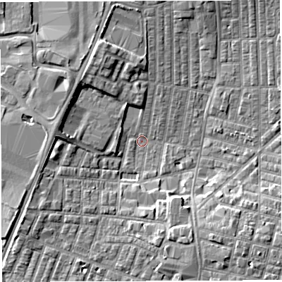 Shaded relief map of the ground around WN71RG, computed from Environment Agency LiDAR. The ground here sits at about 24 m above sea level and falls 6 m across the surrounding 800 m. Surface water reaching this point runs off ground lying to the west, 5.4 m higher.