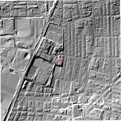 Shaded relief map of the ground around WN71RL, computed from Environment Agency LiDAR. The ground here sits at about 26 m above sea level and falls 6 m across the surrounding 800 m. Surface water reaching this point runs off ground lying to the west-north-west, 1.4 m higher.