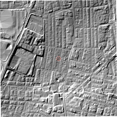 Shaded relief map of the ground around WN71RP, computed from Environment Agency LiDAR. The ground here sits at about 24 m above sea level and falls 6 m across the surrounding 800 m. Surface water reaching this point runs off ground lying to the south, 4.9 m higher.