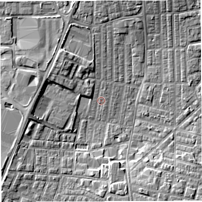 Shaded relief map of the ground around WN71RQ, computed from Environment Agency LiDAR. The ground here sits at about 24 m above sea level and falls 6 m across the surrounding 800 m. Surface water reaching this point runs off ground lying to the north-west, 5.5 m higher.
