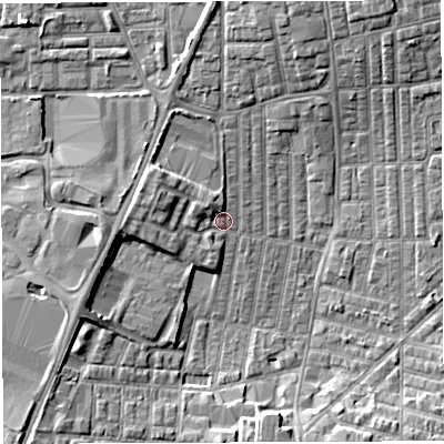 Shaded relief map of the ground around WN71RR, computed from Environment Agency LiDAR. The ground here sits at about 25 m above sea level and falls 7 m across the surrounding 800 m. Surface water reaching this point runs off ground lying to the west-north-west, 3.4 m higher.