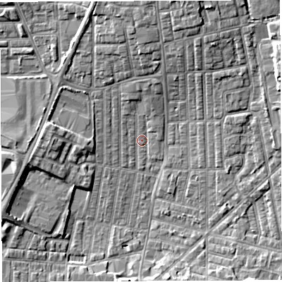 Shaded relief map of the ground around WN71RS, computed from Environment Agency LiDAR. The ground here sits at about 24 m above sea level and falls 7 m across the surrounding 800 m. Surface water reaching this point runs off ground lying to the north, 7.0 m higher.