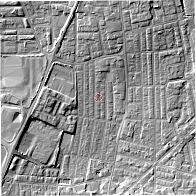 Shaded relief map of the ground around WN71RT, computed from Environment Agency LiDAR. The ground here sits at about 25 m above sea level and falls 8 m across the surrounding 800 m. Surface water reaching this point runs off ground lying to the north, 5.4 m higher.