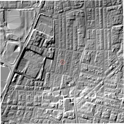 Shaded relief map of the ground around WN71RW, computed from Environment Agency LiDAR. The ground here sits at about 24 m above sea level and falls 6 m across the surrounding 800 m. Surface water reaching this point runs off ground lying to the north-west, 5.5 m higher.