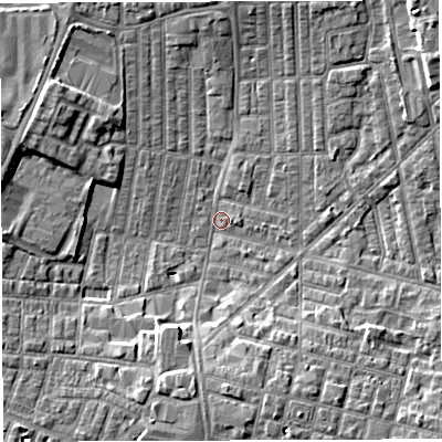 Shaded relief map of the ground around WN71RX, computed from Environment Agency LiDAR. The ground here sits at about 24 m above sea level and falls 6 m across the surrounding 800 m. Surface water reaching this point runs off ground lying to the south-south-east, 5.6 m higher.