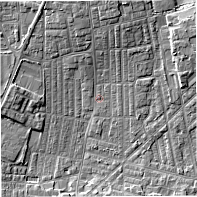 Shaded relief map of the ground around WN71SL, computed from Environment Agency LiDAR. The ground here sits at about 24 m above sea level and falls 7 m across the surrounding 800 m. Surface water reaching this point runs off ground lying to the south-west, 3.2 m higher.