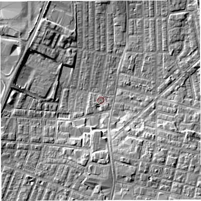 Shaded relief map of the ground around WN71TG, computed from Environment Agency LiDAR. The ground here sits at about 24 m above sea level and falls 6 m across the surrounding 800 m. Surface water reaching this point runs off ground lying to the south, 5.0 m higher.