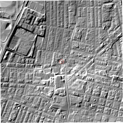 Shaded relief map of the ground around WN71UT, computed from Environment Agency LiDAR. The ground here sits at about 24 m above sea level and falls 6 m across the surrounding 800 m. Surface water reaching this point runs off ground lying to the south-south-west, 3.6 m higher.