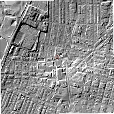 Shaded relief map of the ground around WN71UU, computed from Environment Agency LiDAR. The ground here sits at about 24 m above sea level and falls 6 m across the surrounding 800 m. Surface water reaching this point runs off ground lying to the south-south-east, 5.0 m higher.